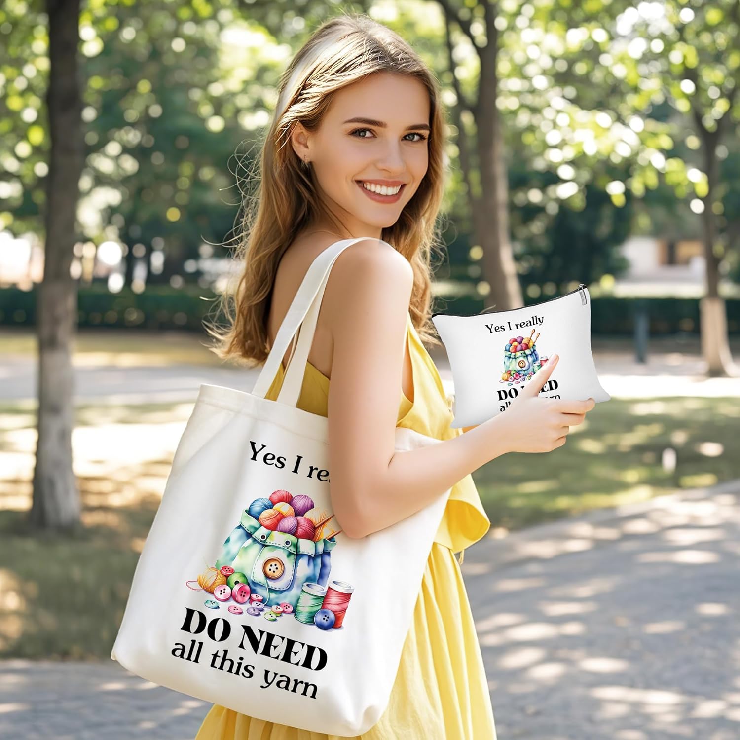 Canvas Crochet Tote Bag for Women - 2 Pcs Aesthetic Cosmetic Pouch Tote Bags, Yarn Pattern Fun Quote Design Reusable Grocery Bags, Gifts for Crochet Lovers Mom Friends - Image 2