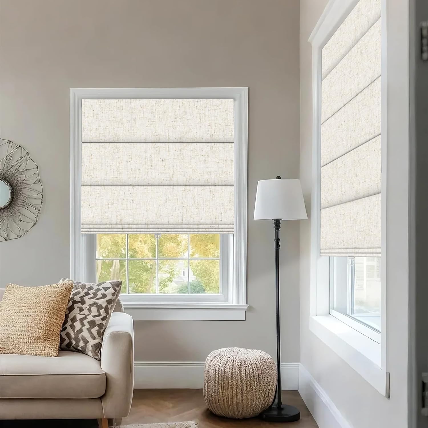 BERISSA No Drill Roman Shades for Windows Blackout, Cordless Linen Fabric Roman Blinds for Windows,Pull Down Room Darkening Window Shades for Home Office,Linen Beige,Custom Size