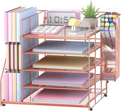 Rose Gold Desk Accessories, 5-Tier Desk Organizer with Magazine Holder, Paper Organizer with Pen Holder for Home, Office or School Supplies
