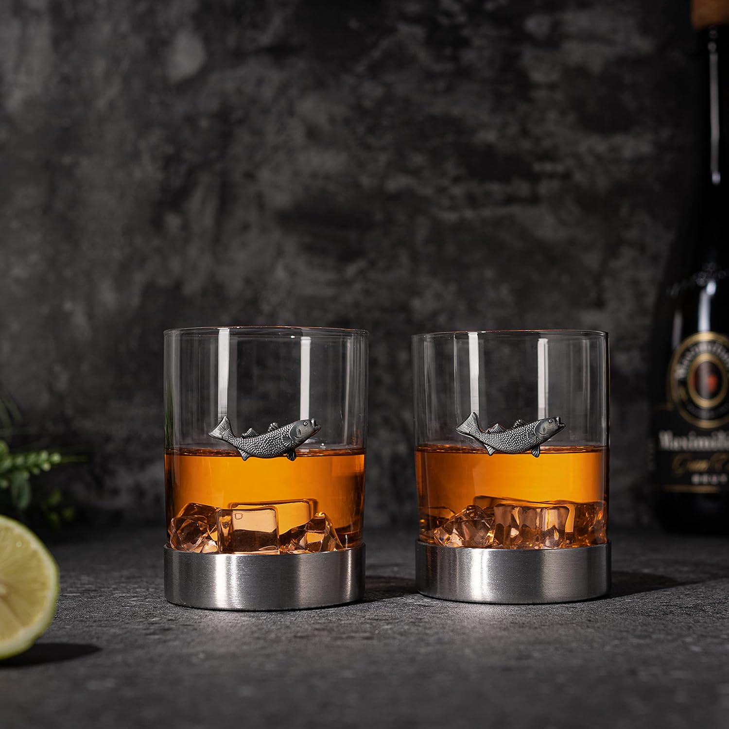 Fish Whiskey, Wine & Water Glasses Set of 2, Double Tumbler Trout Fishing Set - Fisherman Gifts, Old Fashioned Whiskey, Rum, Brandy, Scotch Glasses, 11 OZ, Gifts for Men, Dad