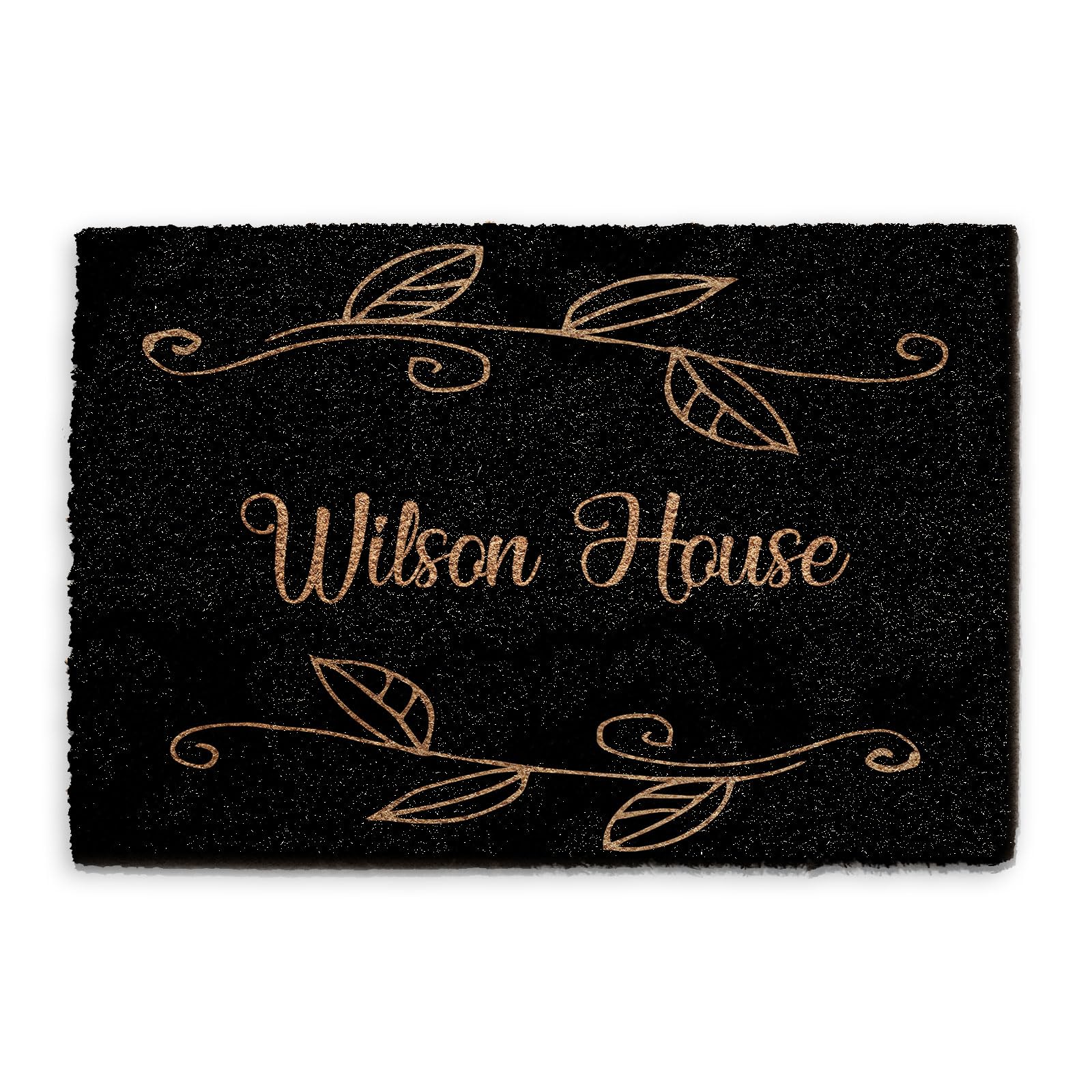 Hairyworm Personalised Doormat (40cm x 60cm) Small, Customise with House Name, Black Leaf Entrance Door Mat, Coconut Core Fibre Heavy Duty Mat, Rug, Coir Regular Door Mat โ image 1