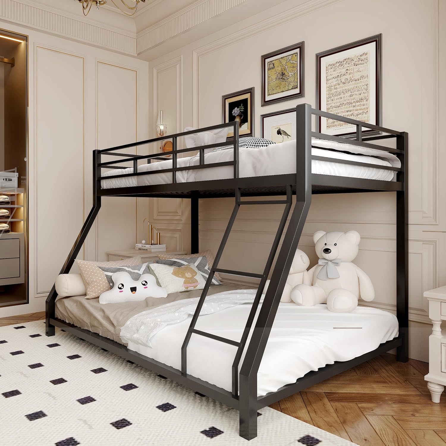 EMKK Twin Over Full Bunk Bed for Adults, Metal Bunk Beds Twin Over Full Size for Teens Dorm Bedroom Guest Room,Heavy Duty Bunk Beds with Ladder and Safety Full Length Guardrail (Black)