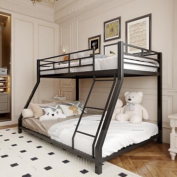 EMKK Twin Over Full Bunk Bed for Adults, Metal Bunk Beds Twin Over Full Size for Teens Dorm Bedroom Guest Room,Heavy Duty Bunk Beds with Ladder and Safety Full Length Guardrail (Black)
