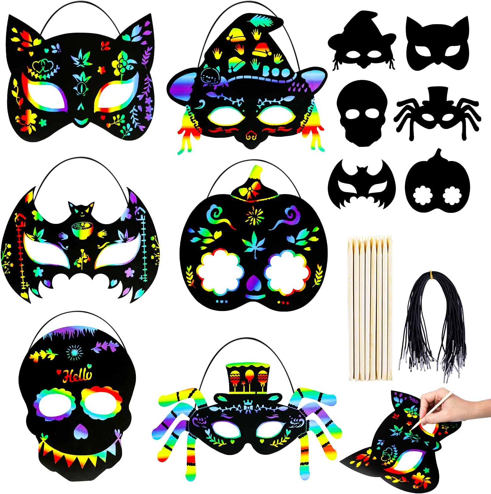 MGparty 24PCS Halloween Scratch Masks Craft Kit Rainbow Magic Scratch Paper Art for Kids Classroom Activities Birthday Party Favors School Art DIY Projects Halloween Games Decorations