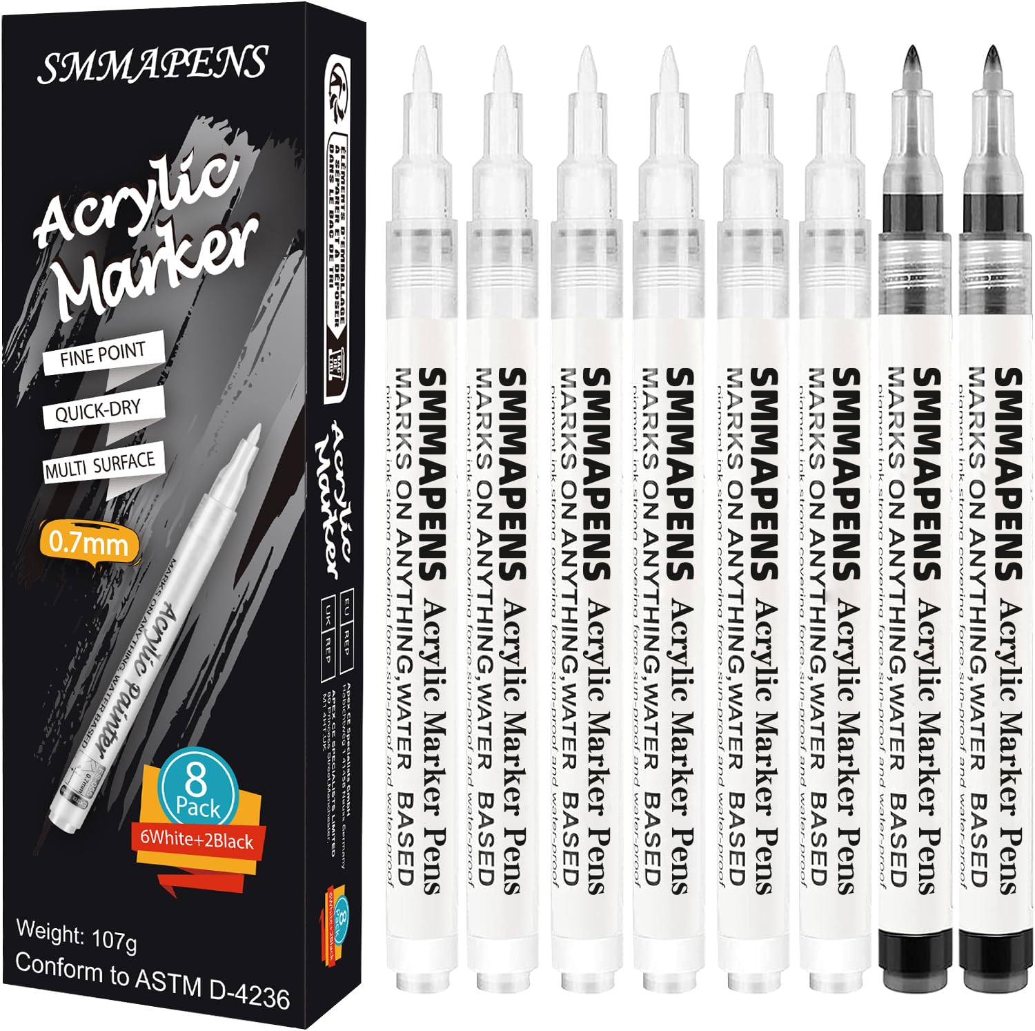 Bolígrafos de pintura acrílica blanca y negra, impermeable rotulador permanente para roca, madera, tela, vidrio, lienzo, 0.7mm punta extra fina de (6 blanco 2 negro)