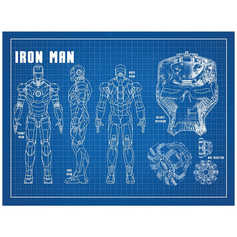 Sci-Fi & Fantasy Design Art Poster Iron Man, Blue Grid/White Ink, 18" x 24"
