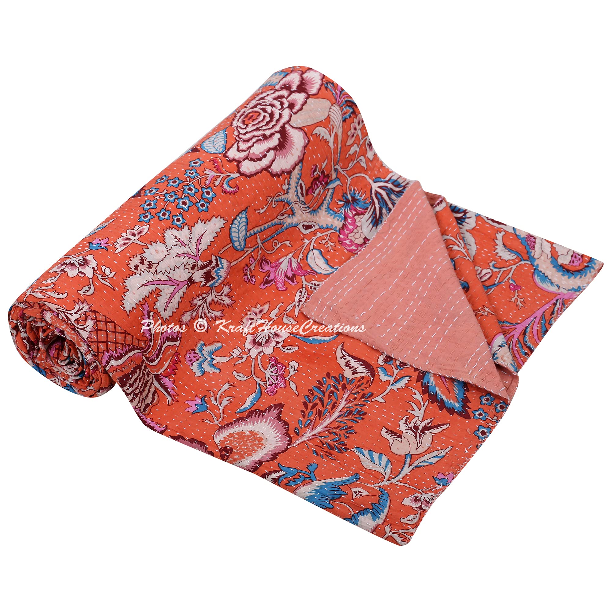 Couverture Kantha artisanale en coton orange au motif floral fait main 228x274 cm