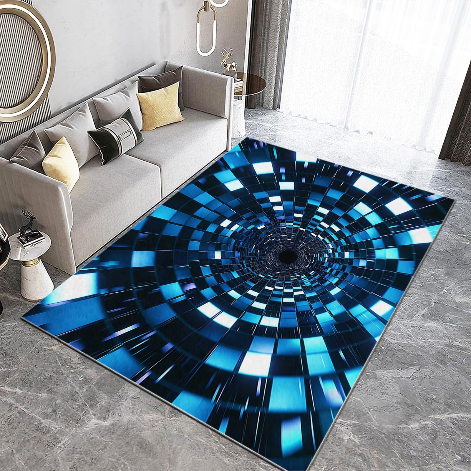 Tapis Doux et Confortable Antidérapant Tapis Lavable en Machine Carpettes 160x230cm Tunnel Effet Trompe L'œIl 3D Tapis à Poil Court de Salon, Salle à Manger Chambre à Coucher, Bleu