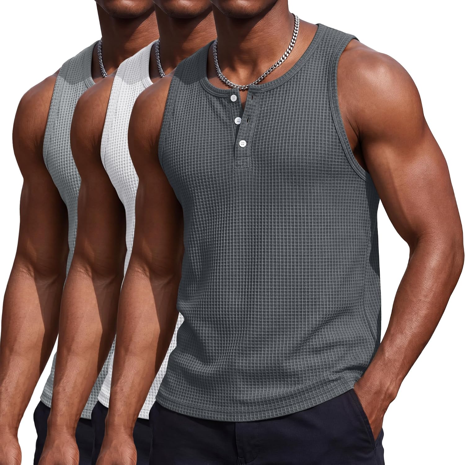 August Alley 3 Pack Men's Sleeveless Tank Tops Henley Shirts Waffle Knit Muscle Shirts Button Casual Summer Tees