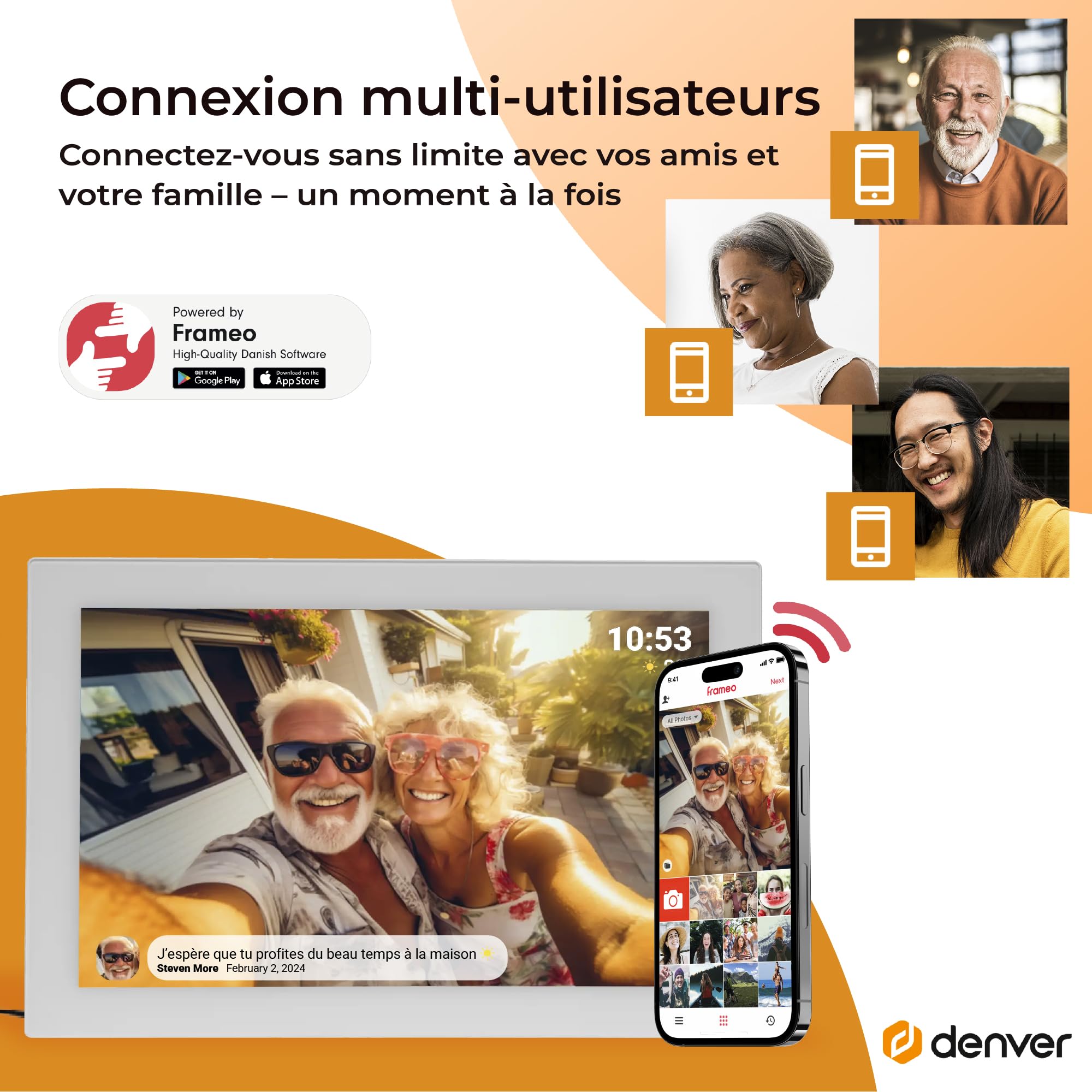 Denver PFF-1037W Cadre Photo numérique Wi-FI FRAMEO 10,1 Pouces, écran Tactile IPS 1280 x 800, mémoire 16 Go, Application iOS/Android, Blanc