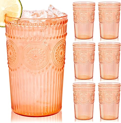 Ciaell Paquete de 12 vasos de agua románticos de plástico, vasos de agua vintage de 14 onzas, vasos de plástico acanalado en relieve, juego de rayas