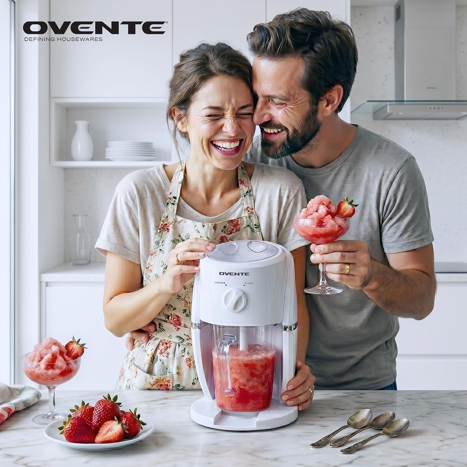 OVENTE Shaved Ice Machine, Electric Ice Shaver with 2 Shaving Settings, Blending Jar/Serving Pitcher, Easy to Use Slushy & Snow Cone Maker for Homemade Treats, Frozen Cocktails & More, White ICR2037W