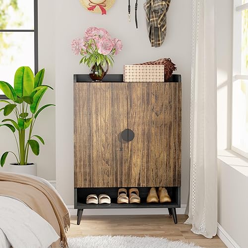 Miniatura 2 de Tribesigns Zapatero con puertas, armario de almacenamiento de zapatos de 7 niveles con estantes ajustables, estante de madera para zapatos,