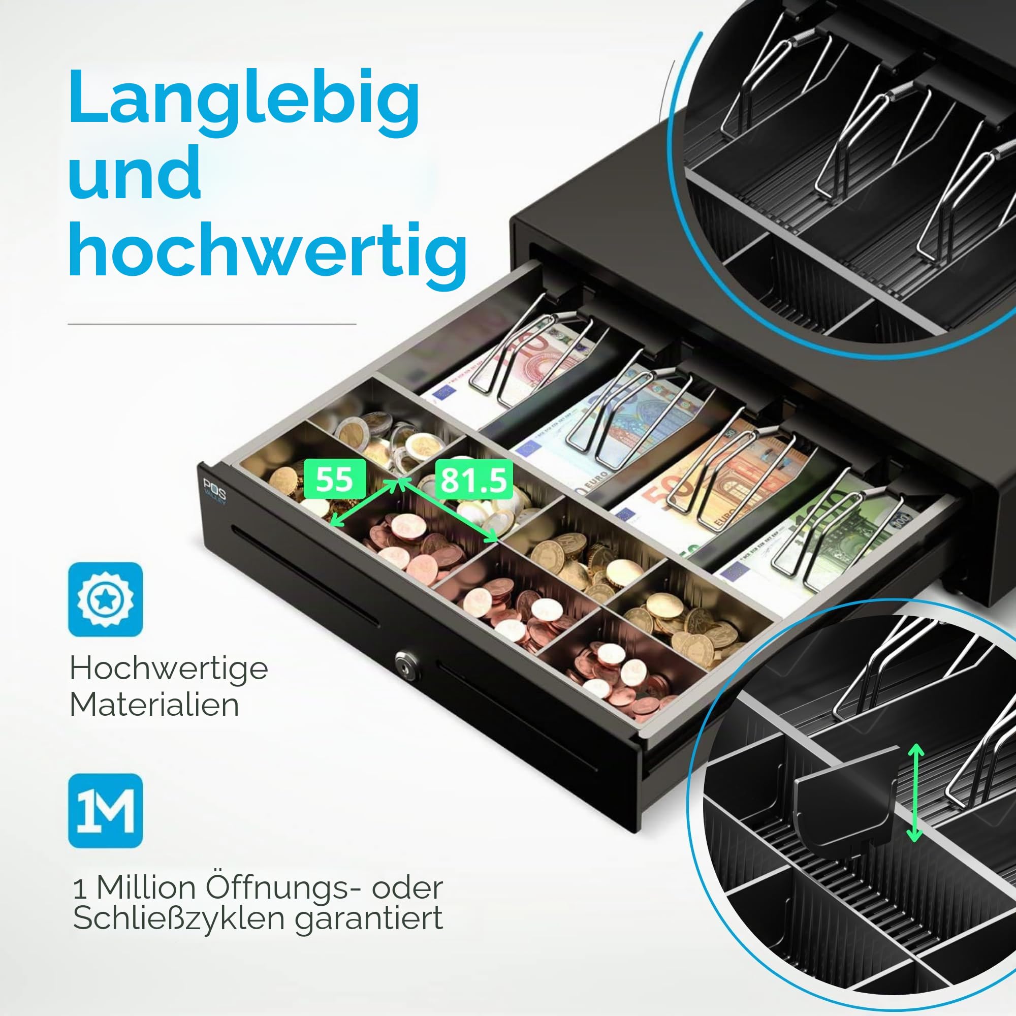 Kassenschublade Elektrisch RJ11-12 Manuell 4 Geldscheinfächern 8 Münzfächern 41x41cm Schwarz POS VALLEY