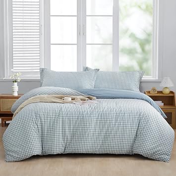 SAPHREAS Light Blue Plaid Duvet Cover Full Size 3pcs 100% Washed Cotton Soft Comforter Cover Simple Style 1 Blue Grid Duvet Cover 2 Pillow Sham, Comforter Not Included