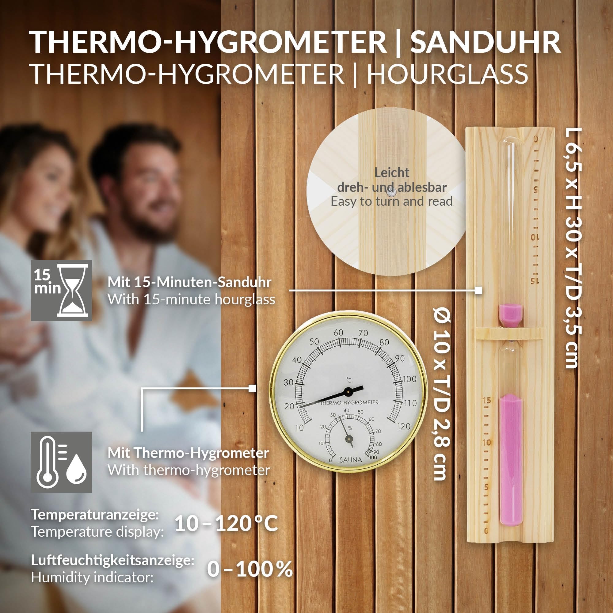 LuxeBath Kit Accessori Sauna in Legno di Pino Massiccio, Collezione Benessere 4 Pezzi, Secchiello per Infusione con Mestolo, Misuratore Termo Igrometrico e Clessidra 15 Minuti, Recipiente 4,5 L