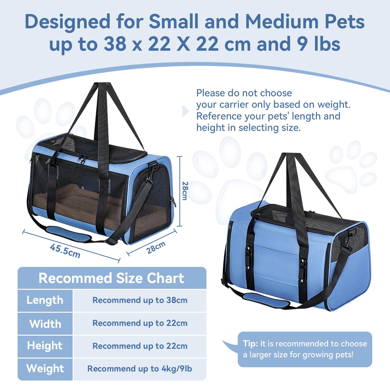 Petsfit Transportbox Katze Hundebox Auto Katzentransportbox Transportbox Hund - Faltbare Tragetasche mit 2 Patent-Schnallen für Autositz, 4-seitigem Netz & Abnehmbarem Kissen, M/Blau
