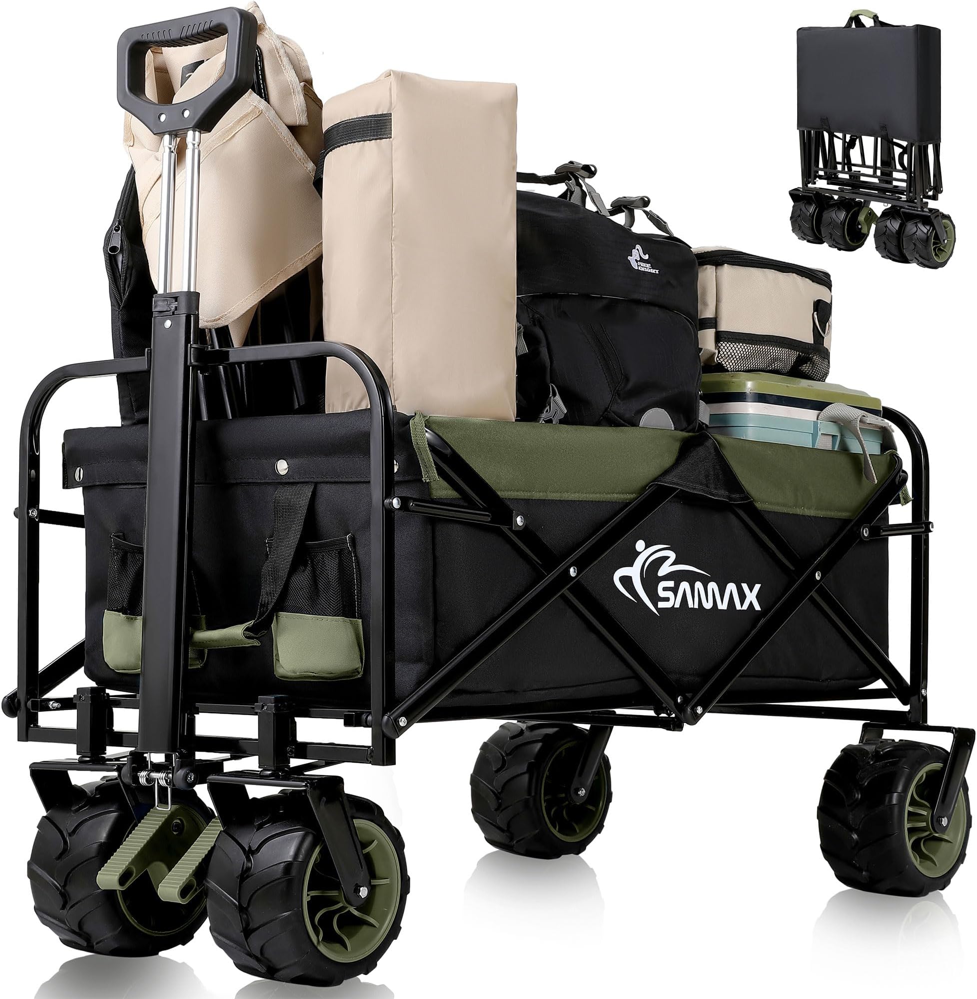 SAMAX Festival Trolley Coaster Wagon Garden Beach 200 kg - Folding Foldable Hand Cart Trolley Offroad - Camping Edition Black/Matcha Green