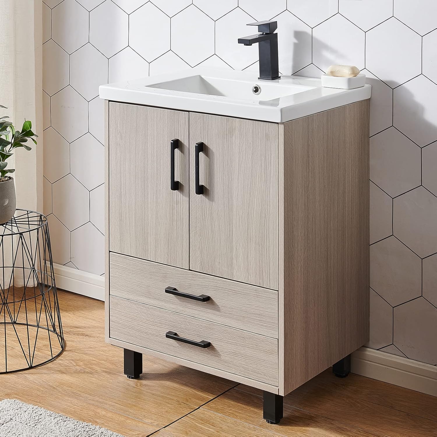24 Inch Modern Bathroom Vanity with Sink Freestanding Cabinet Set, Oak Bathroom Vanity with White Ceramic Sink 2 Doors & 2 Drawers