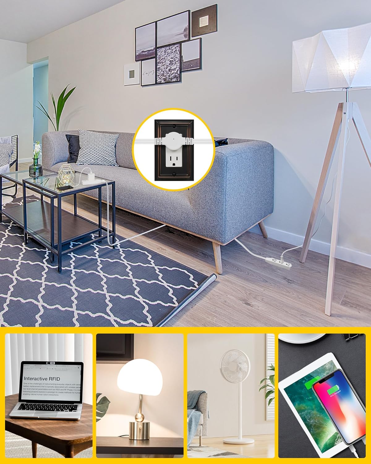 3 Prong Twin Power Strip, 12Ft Ultra Thin Flat Extension Cord with Slim Flat Plug, 6Ft on Each Side, 6 Outlets, Double Extension Cord Splitter, Indoor Use, ETL Listed, White