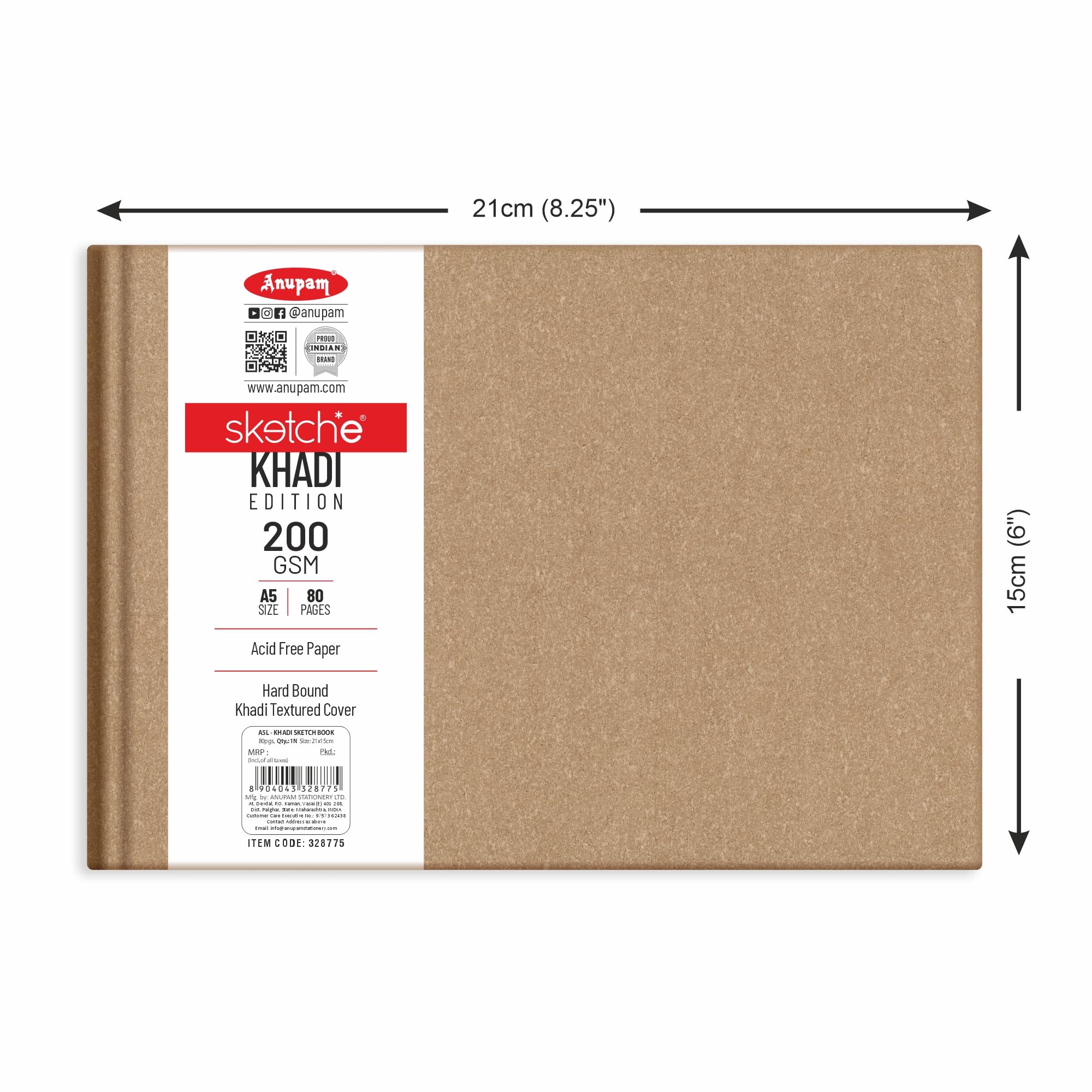 Anupam Sketche Khadi (Cover) Hardcover Sketch Book A5 | 40 Sheets / 80 Pages | 200 GSM Acid-Free Cartridge Paper | Good for Marker Watercolor, Alcohol Markers, Acrylic, Ink, Oil Pastel, Pencil (Landscape)