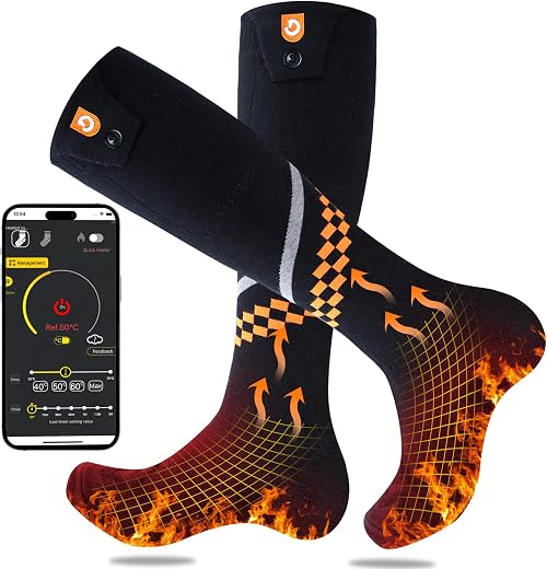 Heated Socks 6000mAh with APP Control Electric Thermal Socks Rechargeable Washable Warm Snowboard Sock Foot Warmer with 4 ...