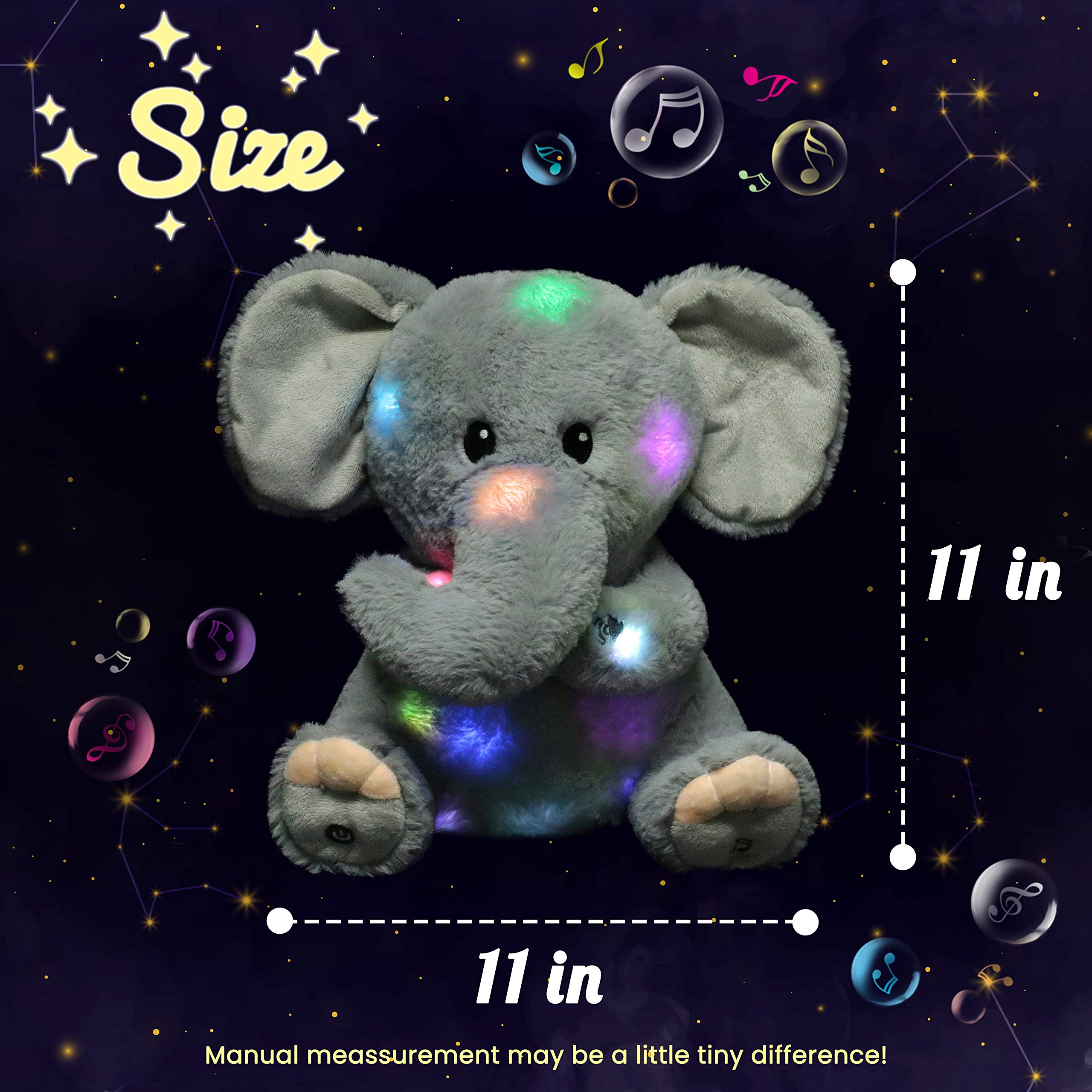 Hopearl Elefante Peluche Musical LED con Luci e Canzoni, Peluche Illuminato con Volume Regolabile Ninna Nanna per Bambine, Grigio, 28 cm