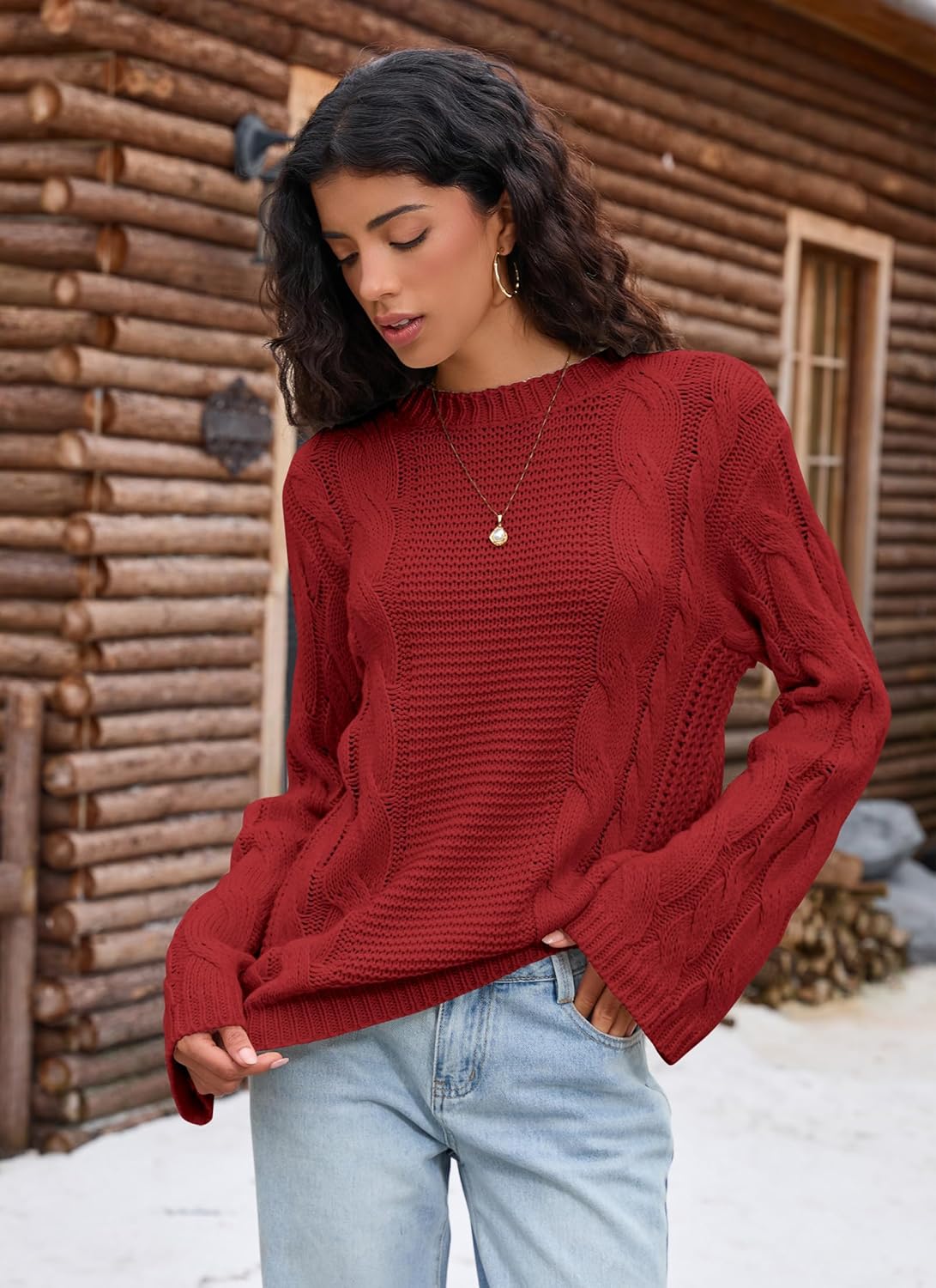 Balimtoy Women's Chunky Cable Knit Oversized Pullover Sweaters Casual Long Sleeve Crewneck Jumper Tops - Image 2