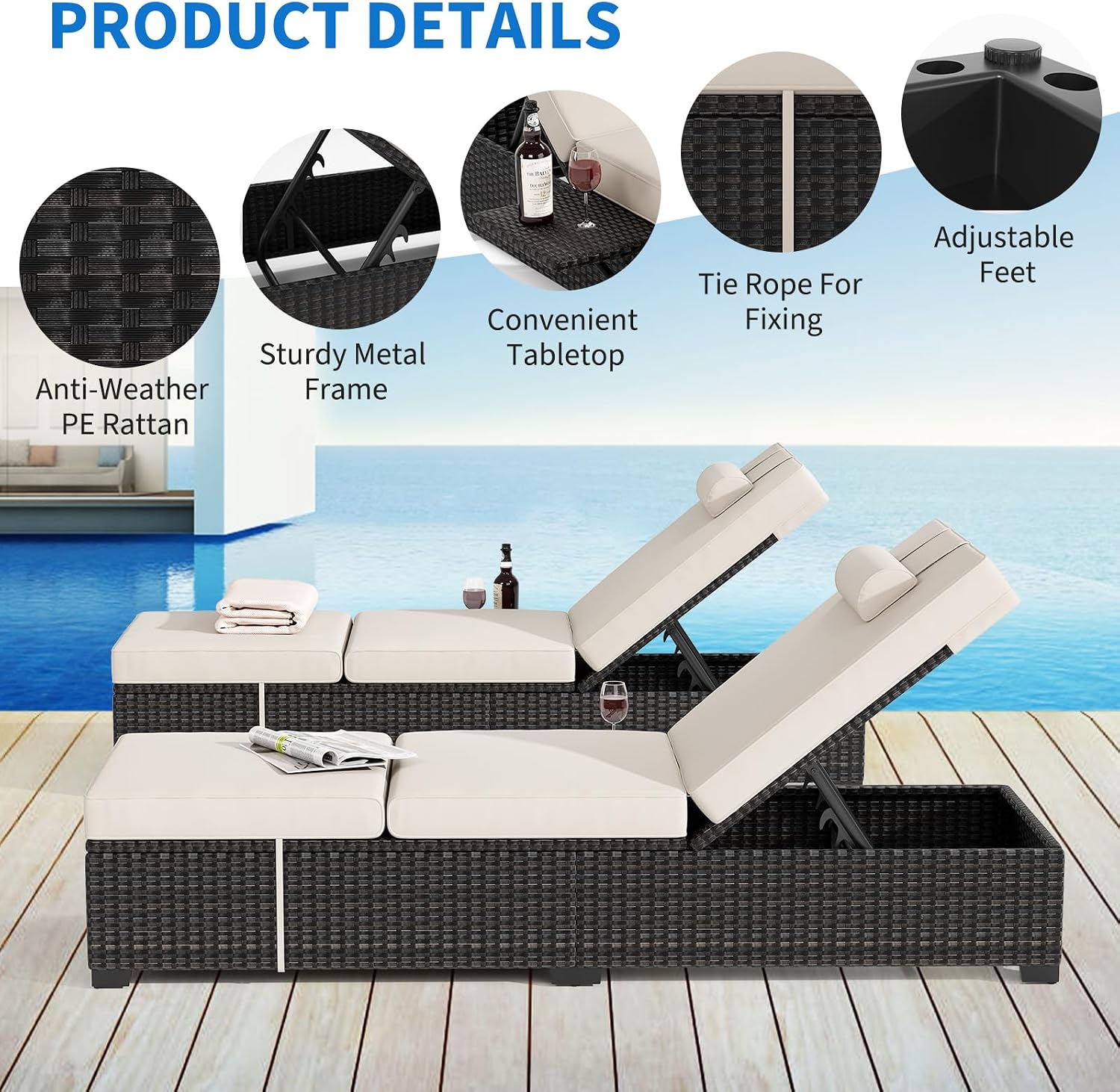 Outdoor Chaise Lounge Chairs for Outside Patio Furniture Set of 2 Wicker Recliner Gray Rattan Reclining Pool Sunbathing Chair Adjustable Backrest Lounger with Beige Cushion