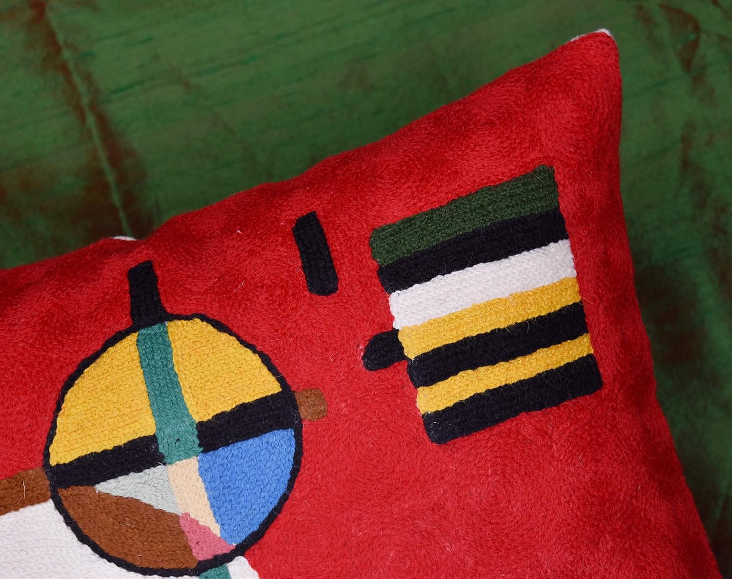 Red Hand Embroidered Cotton Abstract Throw Pillow 18x18