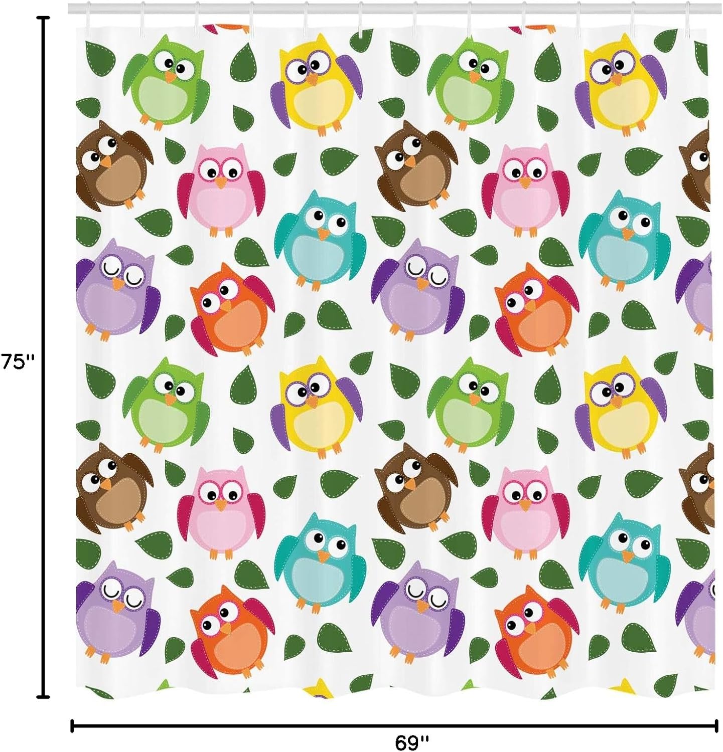 Ambesonne Owls Shower Curtain, Owl Pattern with Leaves Sleepy Confused Closed Crossed Eyes Funny Humor Comic, Cloth Fabric Bathroom Decor Set with Hooks, 69" W x 75" L, Multicolor