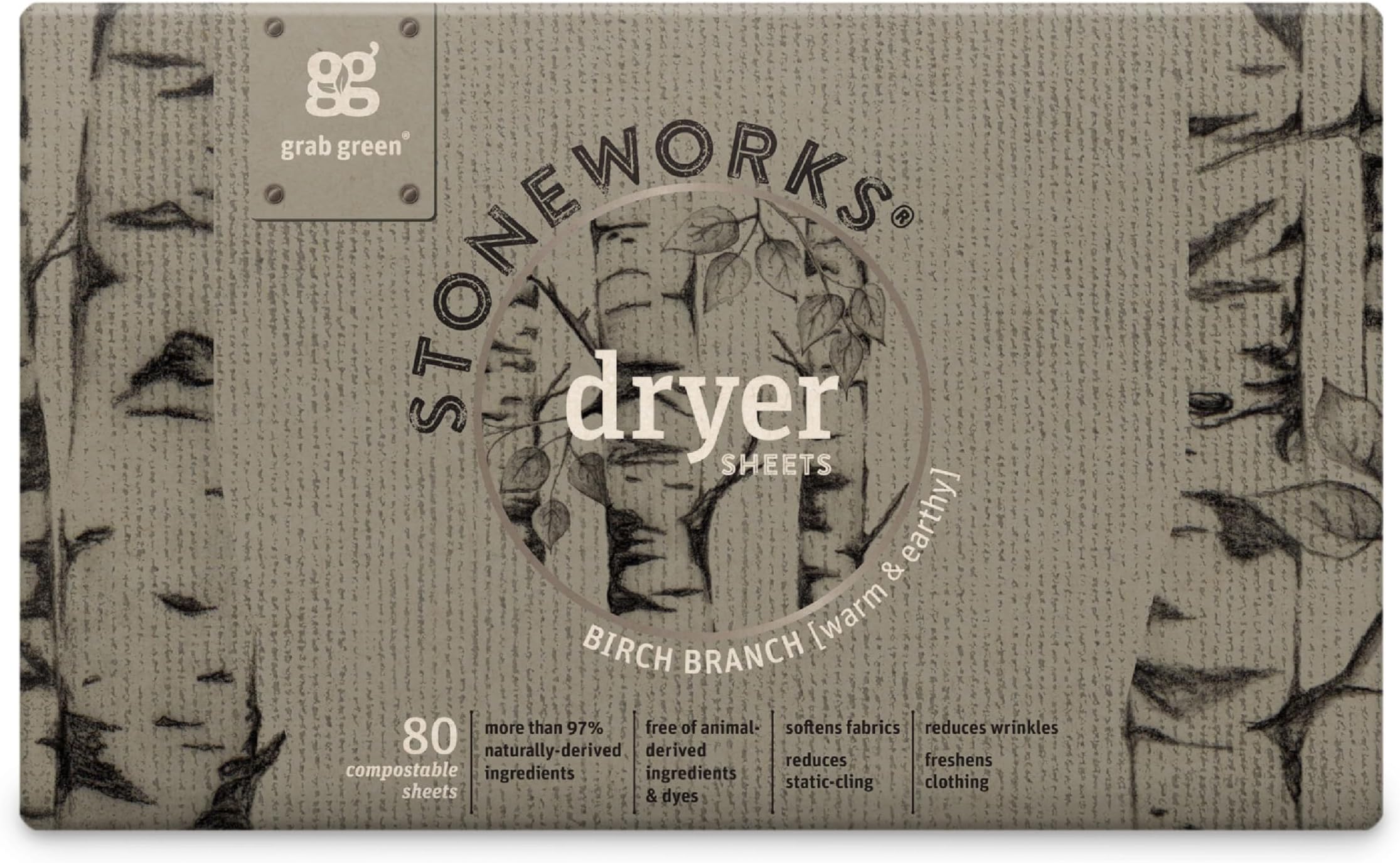 Stoneworks, Dryer Sheets, 80 Compostable Sheets (Birch Branch)