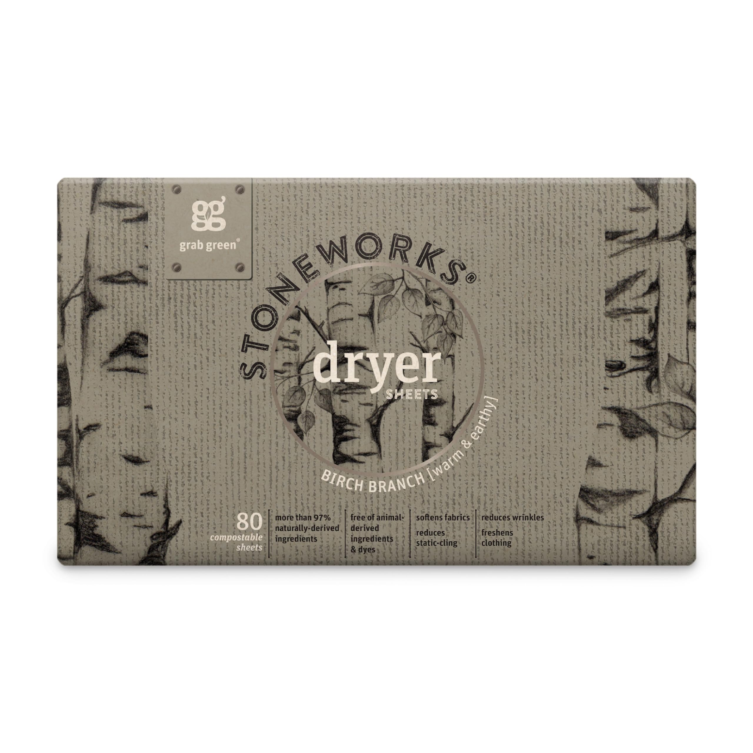Grab Green Stoneworks Dryer Sheets, 80 Sheets, Birch Branch Scent, Plant and Mineral Based, Softens Fabrics, Reduces Static-Cling and Wrinkles, Freshens Clothing