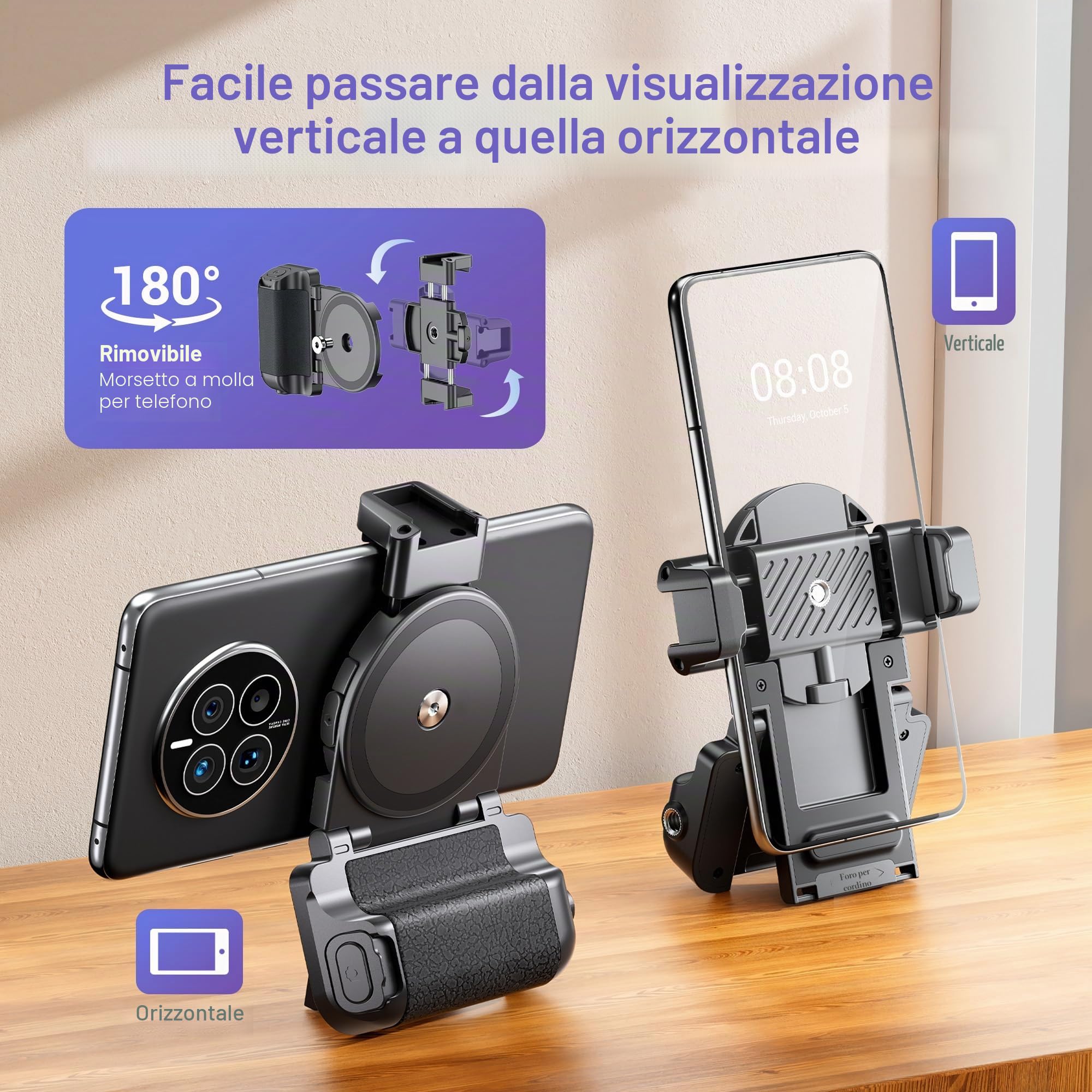 Impugnatura Compatta Smartphone Grip con Wireless Telecomando Bluetooth Staccabile Doppio Supporto Freddo 1/4-20 Vite Compatibile con iPhone 16 15 14 13 12 11 Galaxy PIXEL MATE per Foto Vlog (Nero)