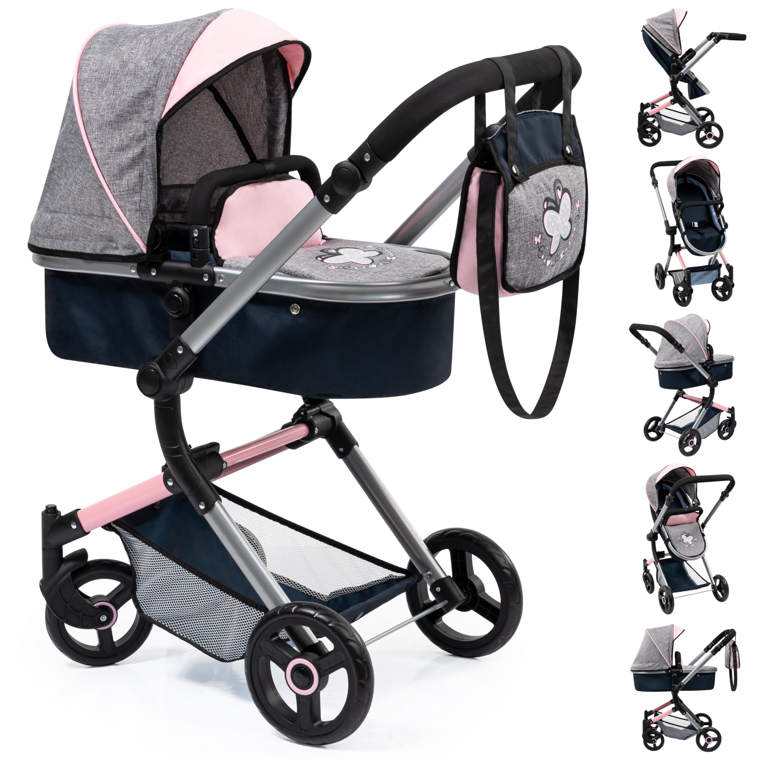 Bayer Design 13730AB Carrozzina Per Bambole Con Borsa E Seggiolone - Pieghevole, Fino A 46 Cm