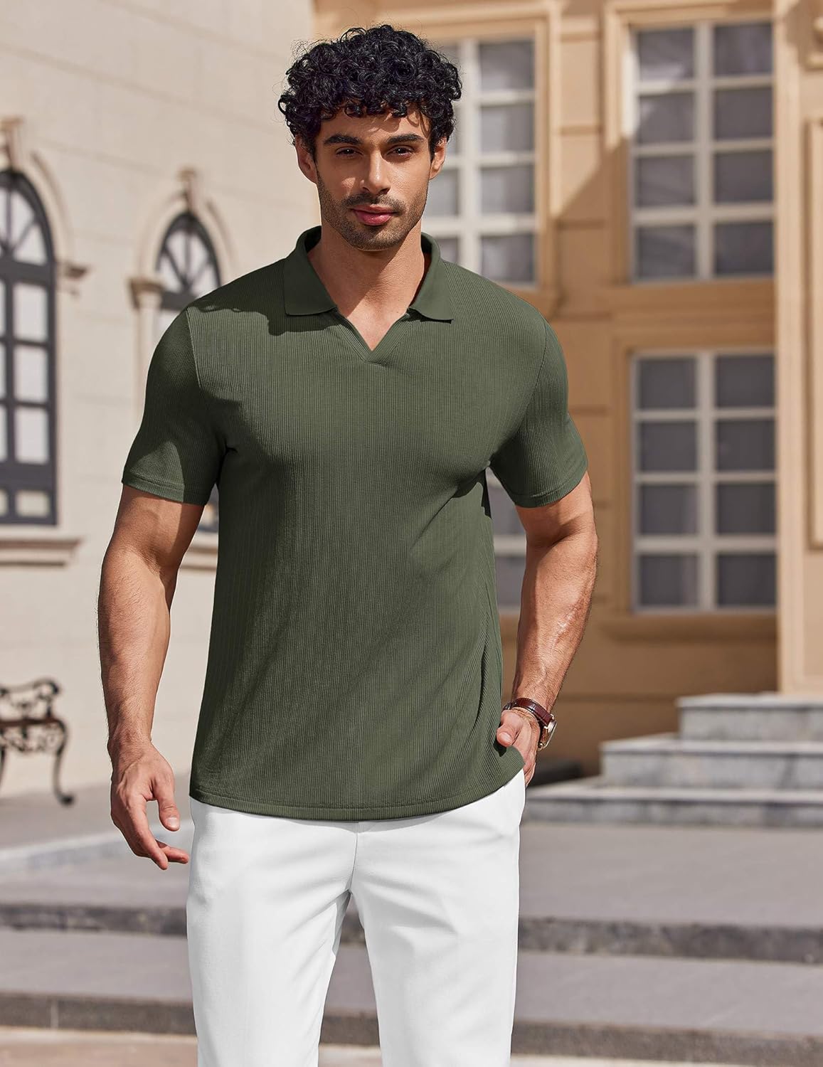 COOFANDY Men's Muscle V Neck Polo Shirts Stretch Short Sleeve Golf T-Shirts Ribbed Knit Soft Tees - Image 2