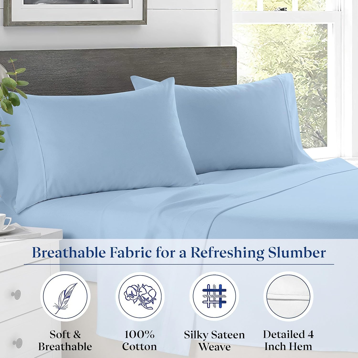 SKY BEDDINGS Luxury Soft King Size Pillowcase Set of 2-600 Thread Count 100% Cotton Pillow Cases, Breathable and Cool, Silky Sateen Weave Sleeping Pillow Covers, King (20" x 40"), Light Blue