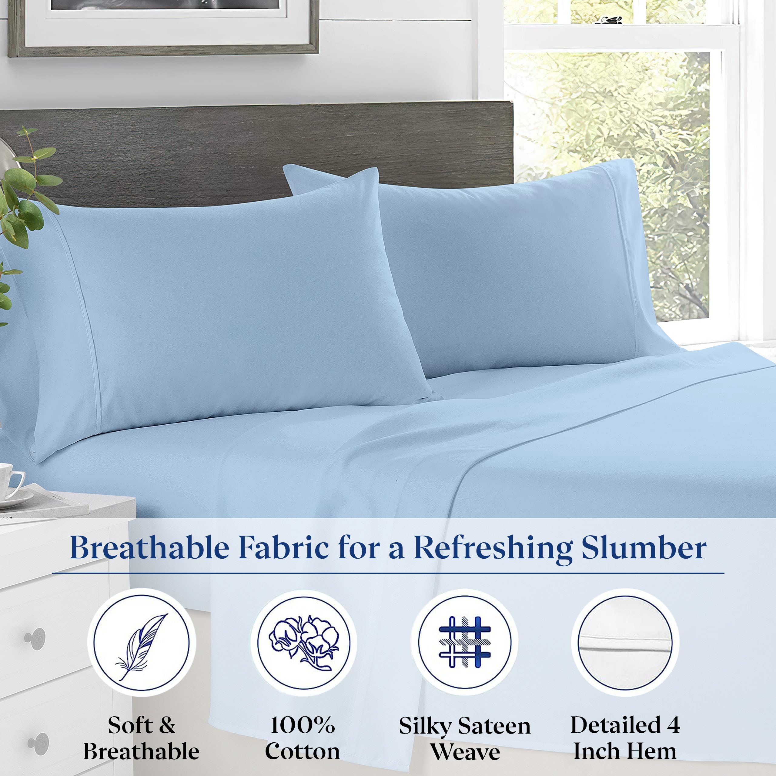 SKY BEDDINGS King Pillowcases Set of 2, 600TC Cotton Sateen, Light Blue