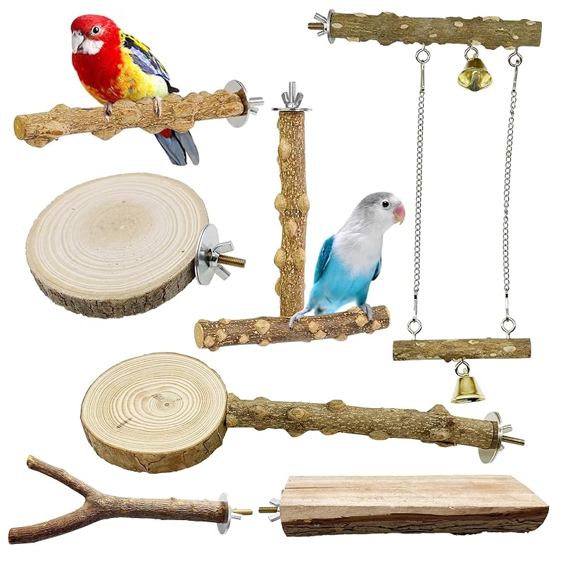 Poleiros de madeira natural para aves Allazone com peças variadas, CS00395521, pacote com 7