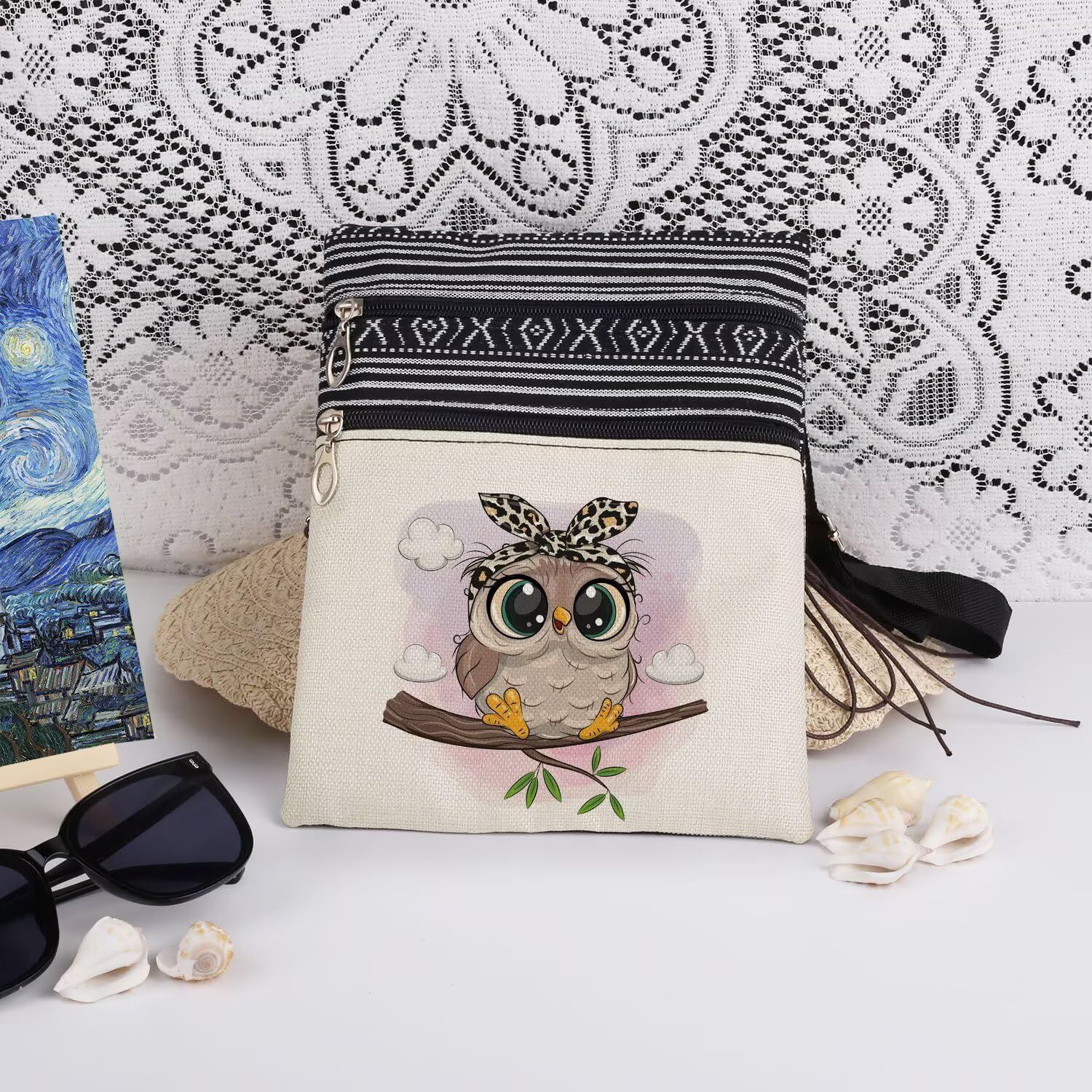 Stylish Owl with Leopard Headband Print Women Crossbody Bag Adjustable Men Shoulder Bag with Zipper Birthday Gift for Nature Lovers Travel Owl Print Purse - Image 3