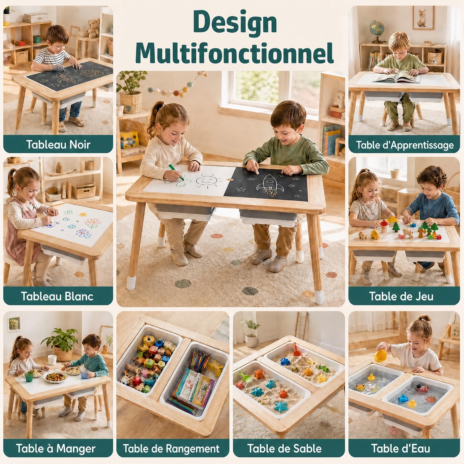 GOPLUS Table Sensorielle Enfant Extérieure avec 2 Chaises (Naturel)