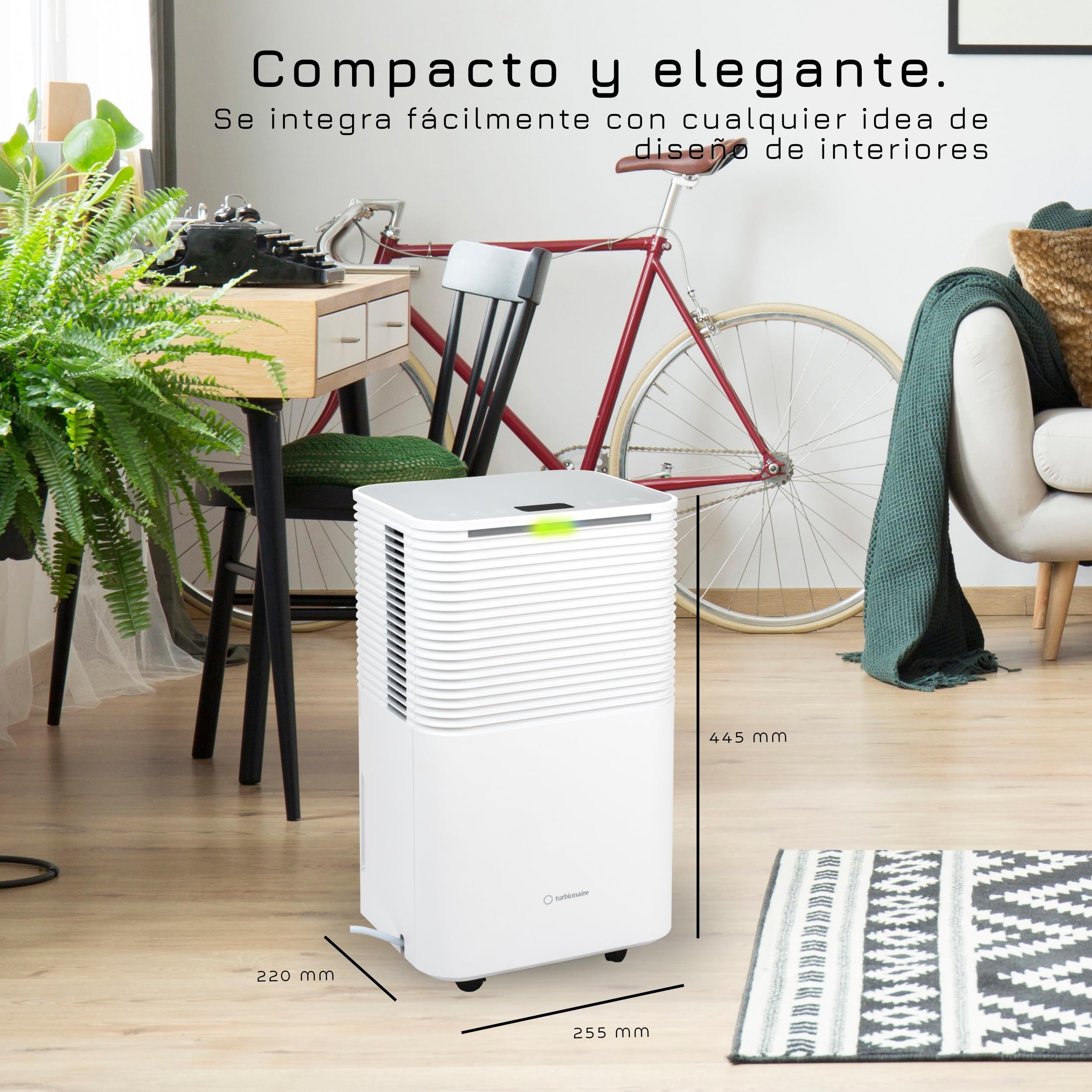 Turbionaire Epi 12 WIFI Deshumidificador Portátil, Control Táctil Compreto,12L/24h, Refrigerante R290, Depósito de 2L, Función Bloqueo para Niños, para habitaciones de hasta 65 m³, Diseño Minimalista