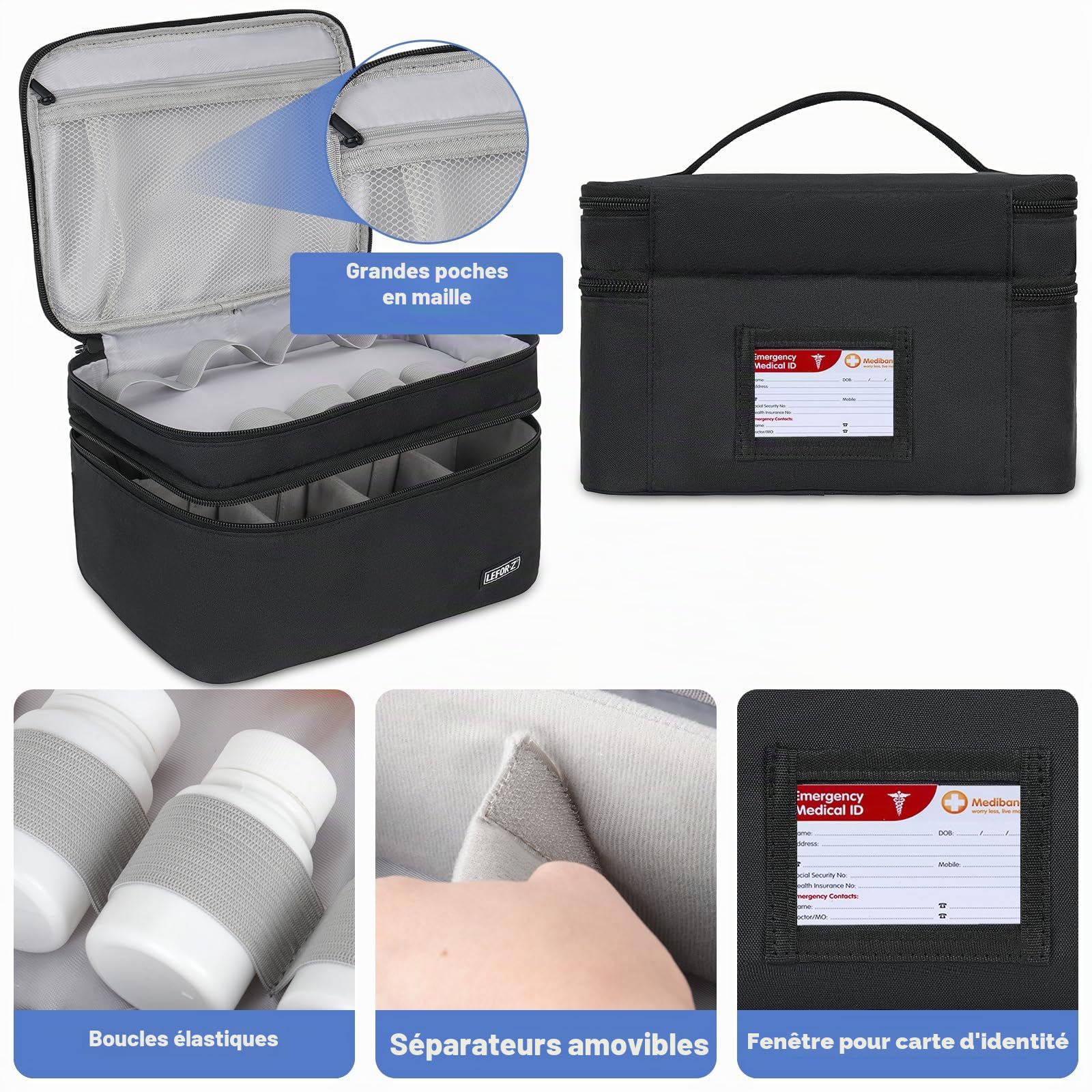LEFOR·Z Boite a Medicaments Rangement,Double Couche,Sac de Rangement Vide avec Fermeture éclair Verrouillable et Séparateur Réglable,étui de Transport pour Médicaments,Pilules,Vitamines