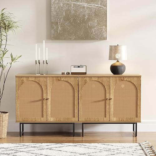 Miniatura 9 de Aparador buffet con puertas de ratán, armario de almacenamiento bohemio con patas de metal, muebles de madera para comedorsala de estar, pasillo,