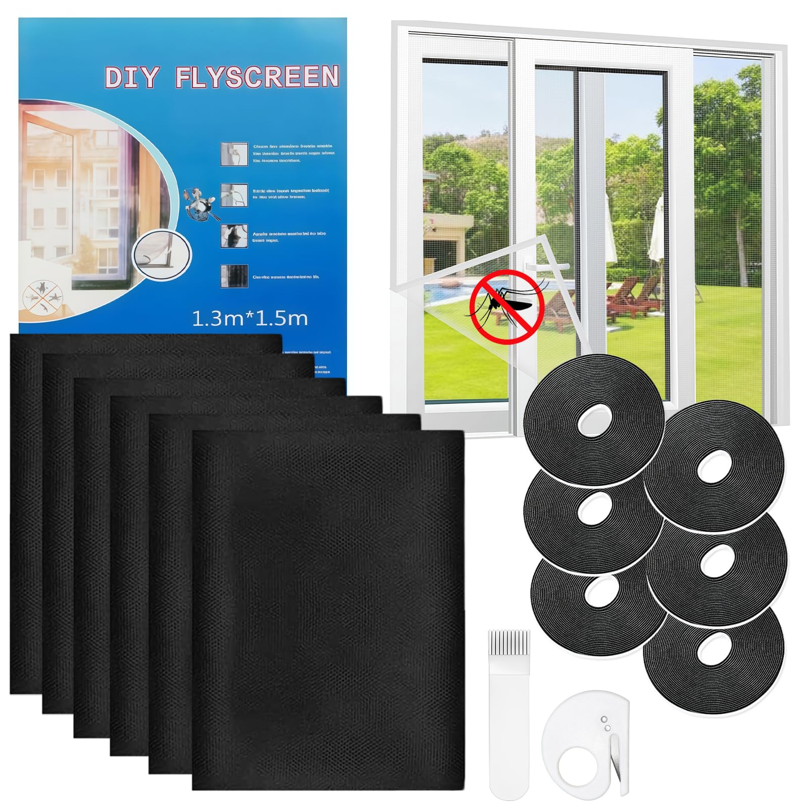 Flintronic 6 Pcs Fly Screens for Window, Insect Mesh Window Nets, 130X150CM Window Bug Screen Mosquito Fly Net with 6 Rolls Self-Adhesive Tapes for Many Types of Windows, Black
