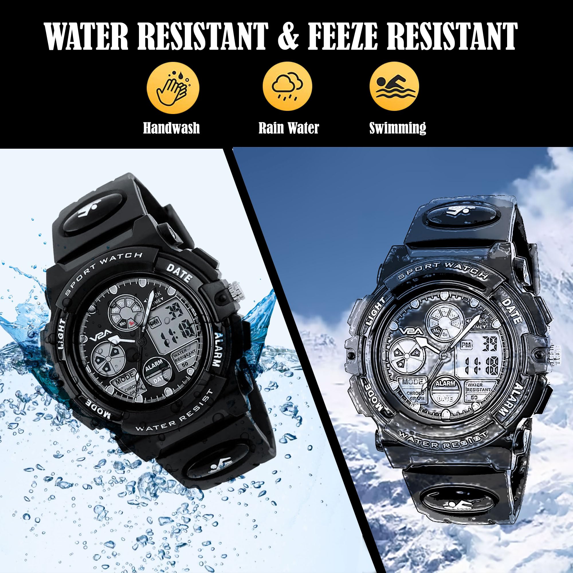 V2A Black Analogue-Digital Shock Resistant Alarm Calender Water Proof Sports Watch For Boys And Girls (Black, Resin) 1