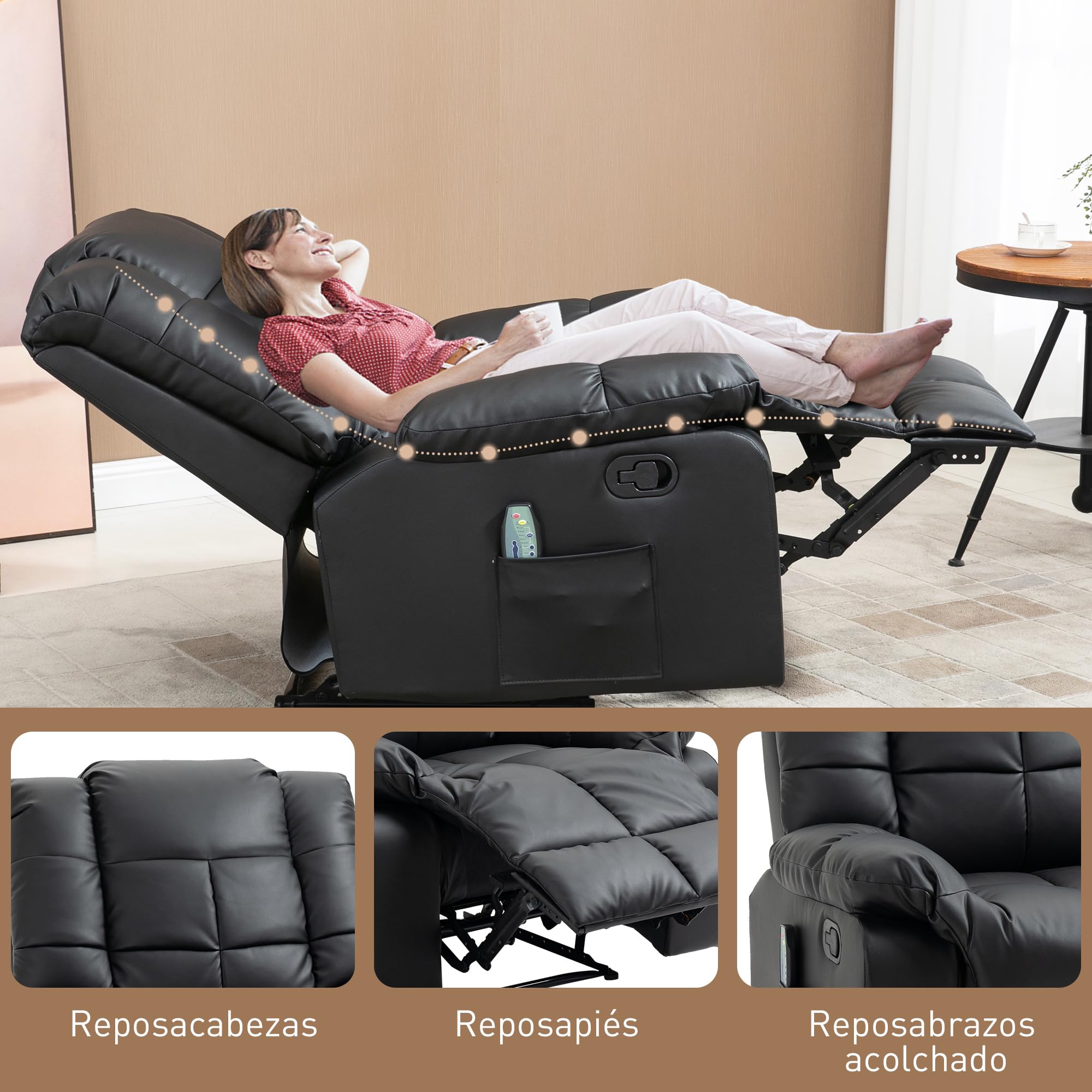 HOMCOM Sillón de Masaje, Sillón Relax Reclinable con 8 Puntos de Masaje, Mando a Distancia, Tapizado en PU, Reposapiés, Bolsillo Lateral, Butaca para Salón, Dormitorio, Negro