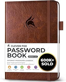 Clever Fox Password Book with tabs. Internet Address and Password Organizer Logbook with Alphabetical tabs. Medium Size Password Keeper Journal Notebook for Computer & Website Logins (Brown)