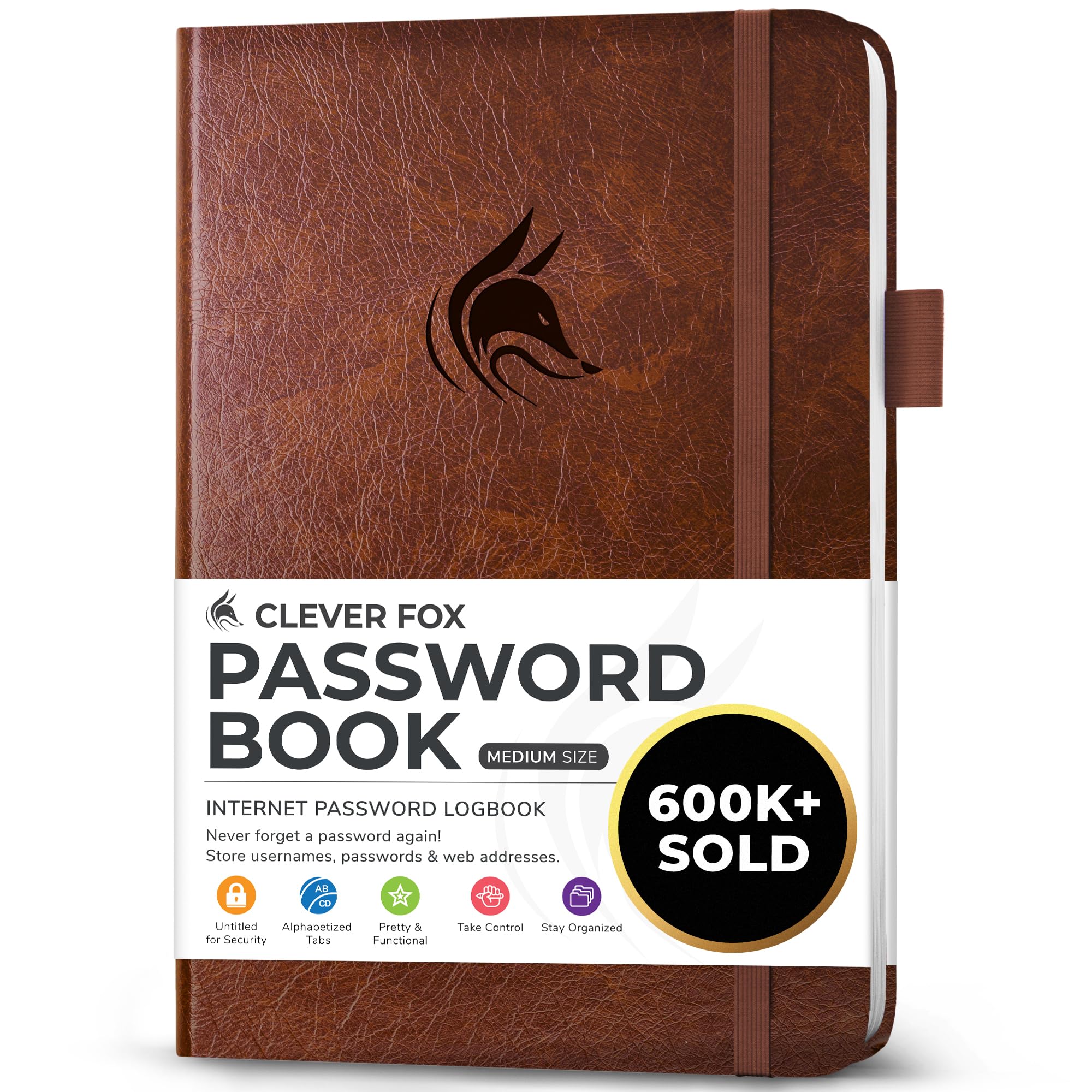 Clever Fox Password Book with tabs. Internet Address and Password Organizer Logbook with Alphabetical tabs. Medium Size Password Keeper Journal Notebook for Computer & Website Logins (Brown)