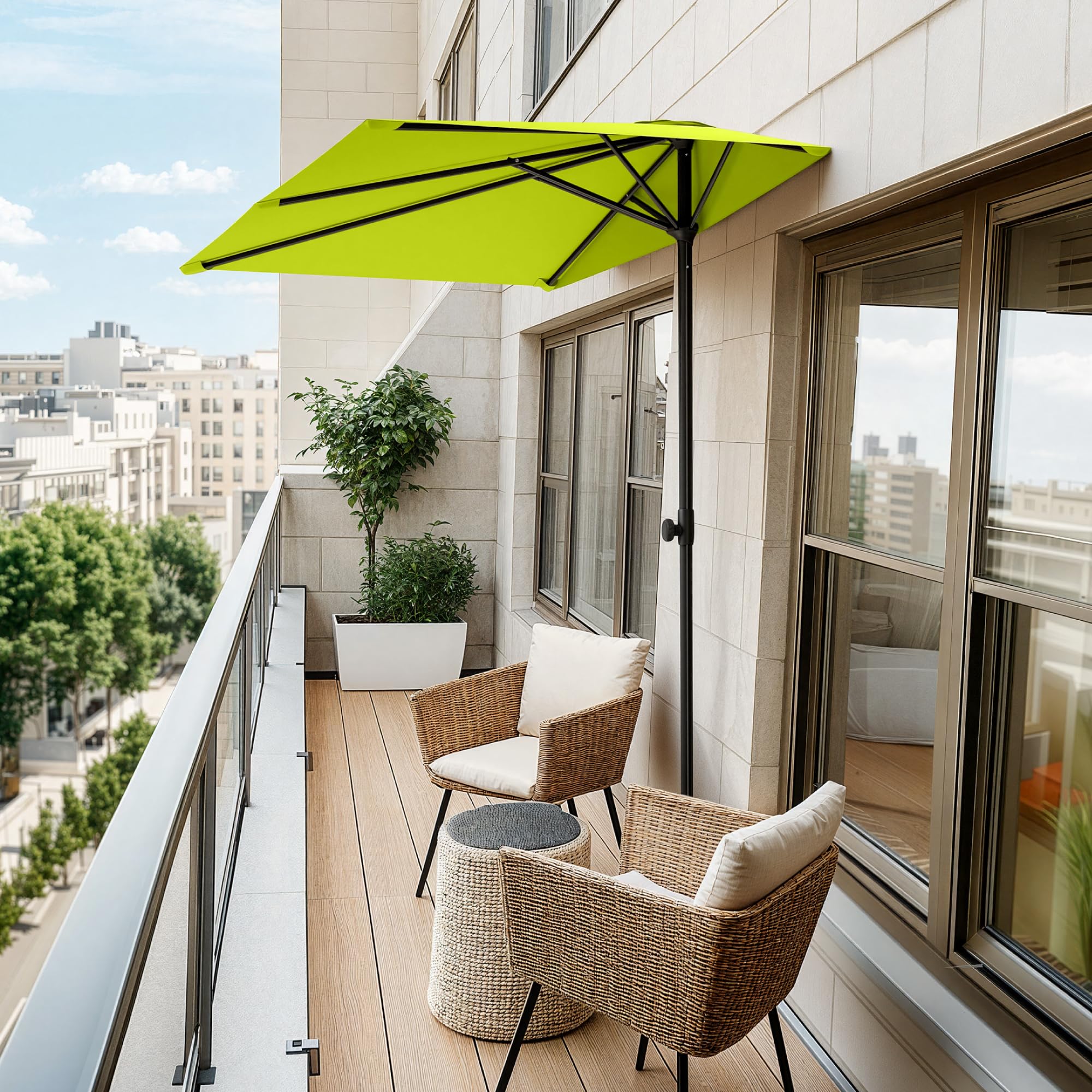 PHI VILLA 250x130cm Halber Sonnenschirm Höhenverstellbar mit Klemme, Balkonschirm Windfest Stabil zum Mitnehmen, UV50+ Schutz für Garten Terrasse Balkon Balkongeländer Tisch
